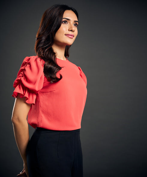 Sleeve Gathered Crepe Chiffon Top